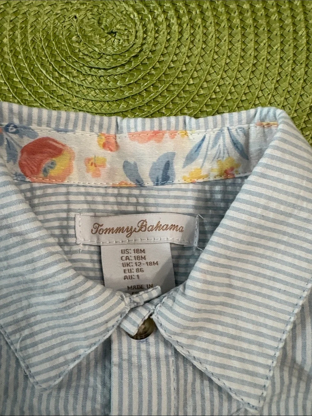 Tommy Bahama Light Blue Striped Button-Down Shirt with Coral Pink Shorts